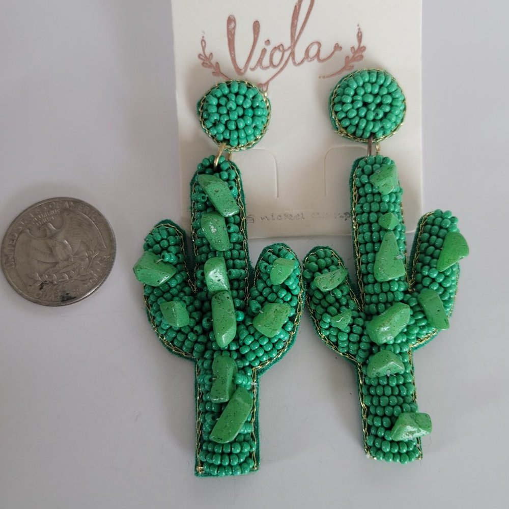 Fashion Cactus Beaded Handmade Boho Seed Bead Hoop Dangle Drop Earrings Green - Picture 5 of 5